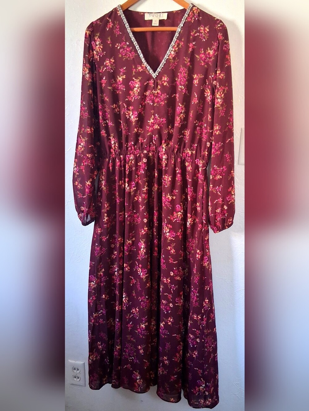 Burgundy Floral V-Neck Long Dress